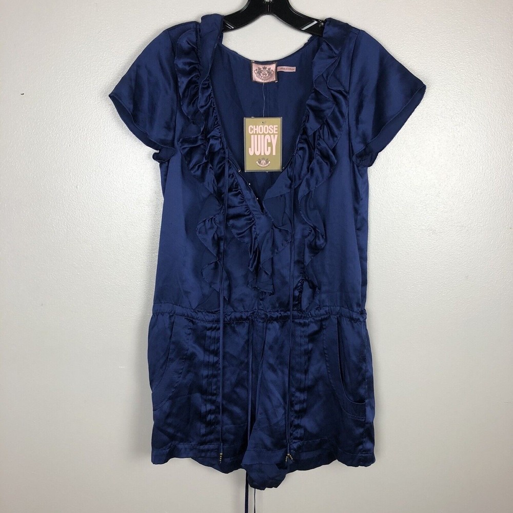 Juicy Couture Silk Romper Womens Size S Luxury Navy Ruffle Tie Front Pockets NEW
